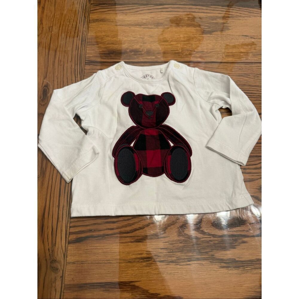 Burberry White Long Sleeve Plaid Teddy Bear Graphic T-Shirt Size 6 Months
